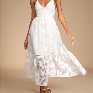 Feeling Like Forever White Jacquard Organza Lace-Up Midi Dress